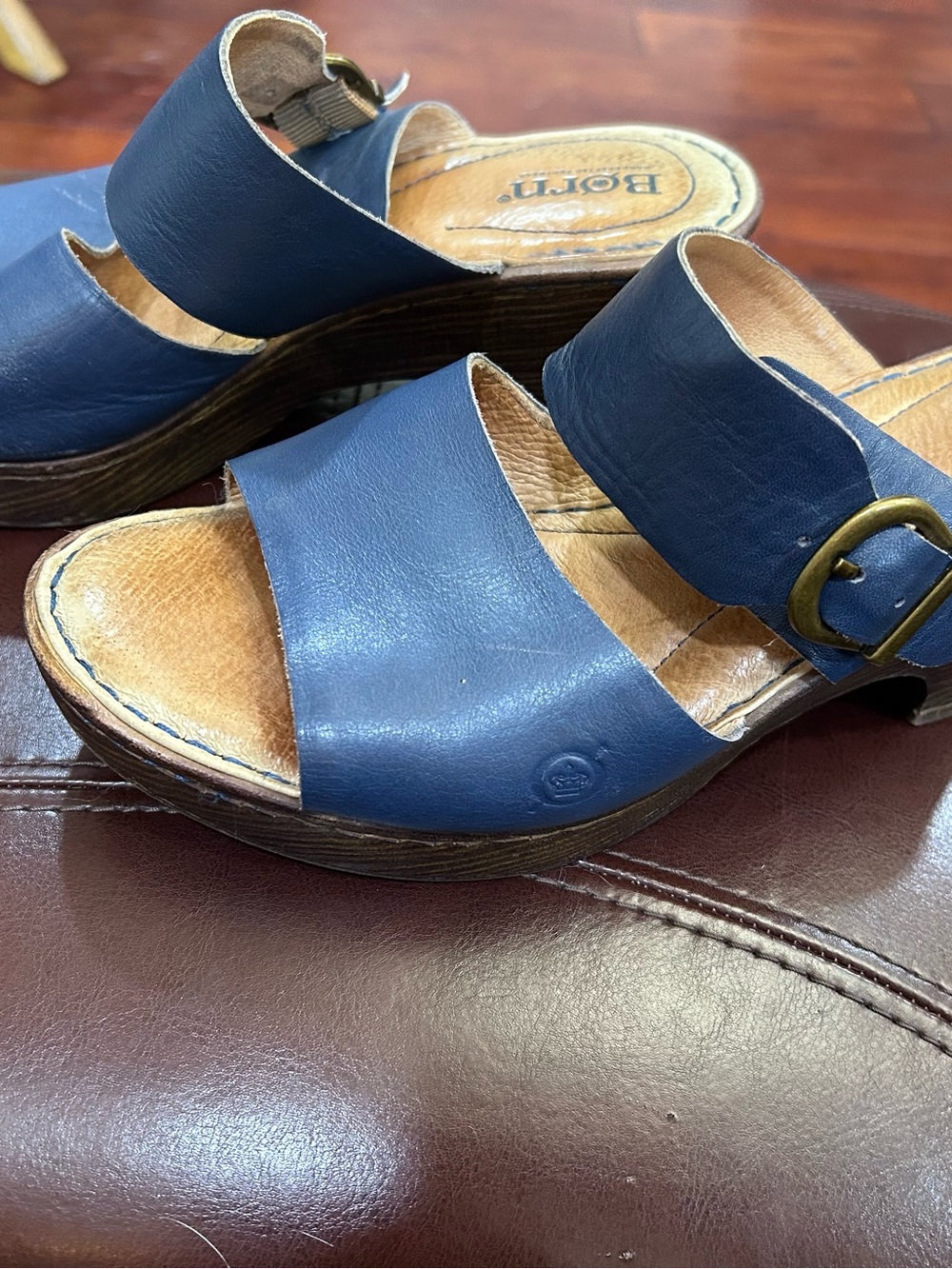Born Navy Leather Slide Sandals with Buckle